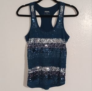 Express women’s XS tank top racerback sequin stripes tule cotton blue silver